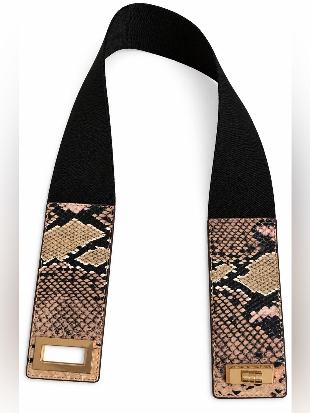 Bebe Black Elastic Strap with Snake-Print Tan and Pink Accents